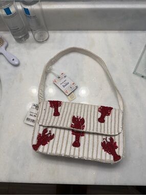 Beaded Lobster Embroidered Shoulder Bag - Red on Cream